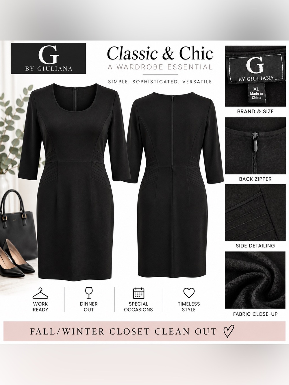 G by Giuliana Black Long Sleeve Sheath Dress